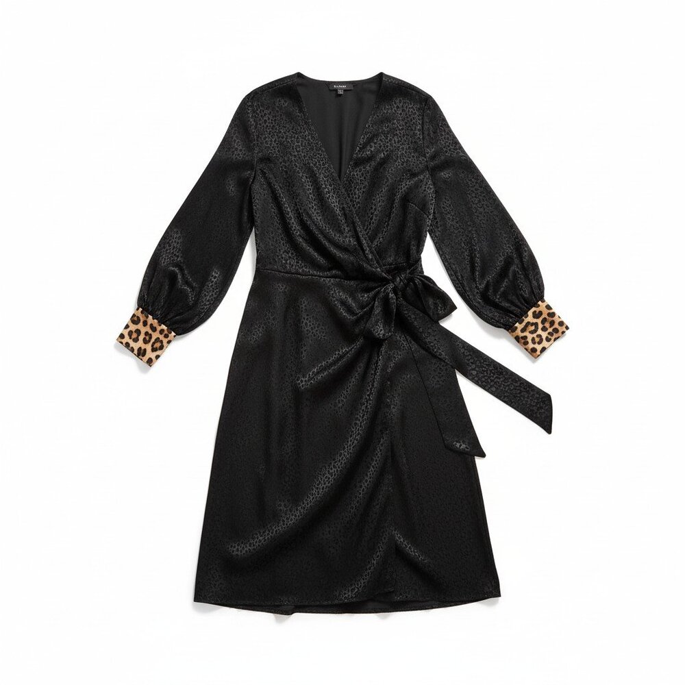 Never Fully Dressed Black Satin Jacquard Mini Dress Leopard Cuffs Love Pattern S